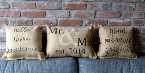 Burlap Heart Strings custom pillows - Mr & Mrs. | Good Morning Gorgeous / Handsome